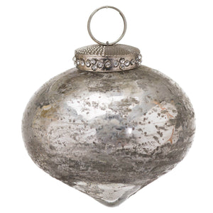 Antiqued silver teardrop Christmas ornament with frosted glass and crystal accents for elegant holiday decor by RoomLondon at brixbailey.com