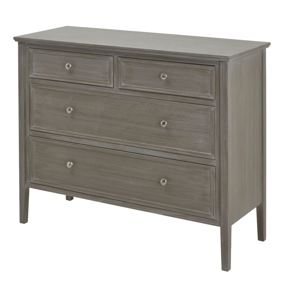 Minimalist grey solid wood dresser with two-over-two drawers, clean lines, and subtle hardware for modern bedroom storage. by Sostter at brixbailey.com