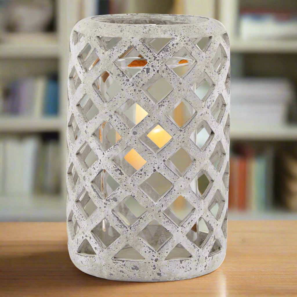 Weathered grey ceramic hurricane lantern with stone texture, 32cm tall, rustic Mediterranean home decor centerpiece by Sostter at brixbailey.com