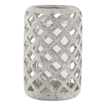 Weathered grey ceramic hurricane lantern with stone texture, 32cm tall, rustic Mediterranean home decor centerpiece by Sostter at brixbailey.com