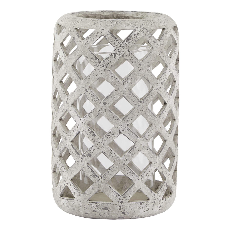 Weathered grey ceramic hurricane lantern with stone texture, 32cm tall, rustic Mediterranean home decor centerpiece by Sostter at brixbailey.com