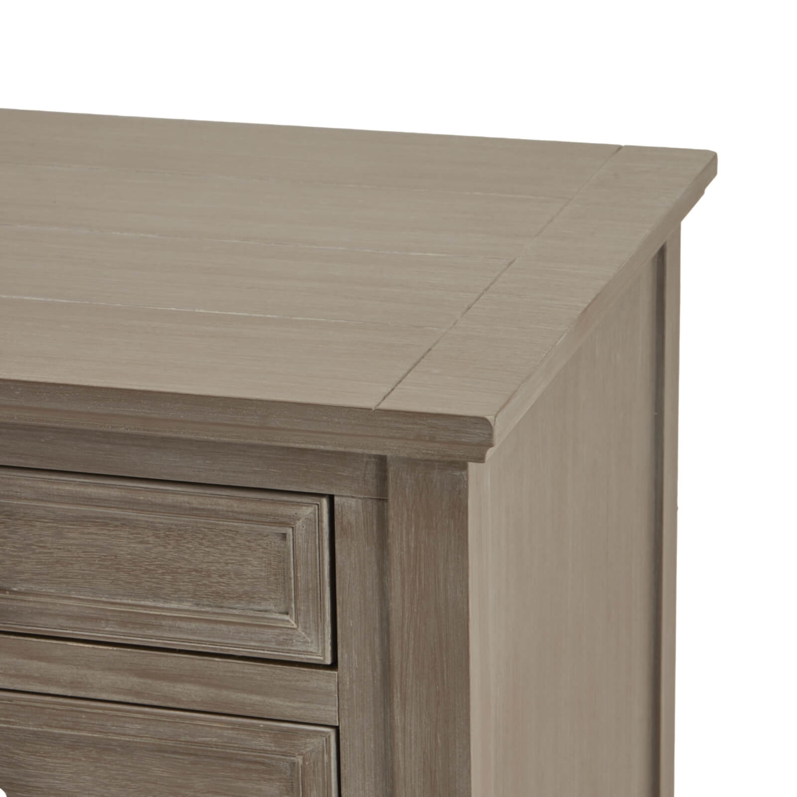 Distressed grey wooden bedside table with three drawers for bedroom storage by Sostter at brixbailey.com
