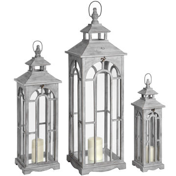 Set of three whitewashed wooden lanterns with brass accents, rustic home decor for ambient lighting by Sostter at brixbailey.com