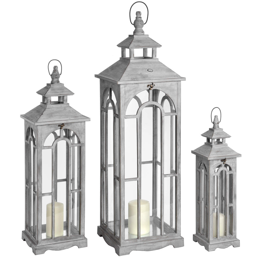 Set of three whitewashed wooden lanterns with brass accents, rustic home decor for ambient lighting by Sostter at brixbailey.com