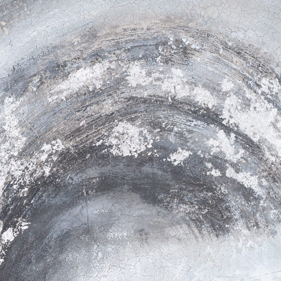 Silver and grey abstract canvas art with textured brushstrokes, metallic accents, and wood frame by Sostter at brixbailey.com