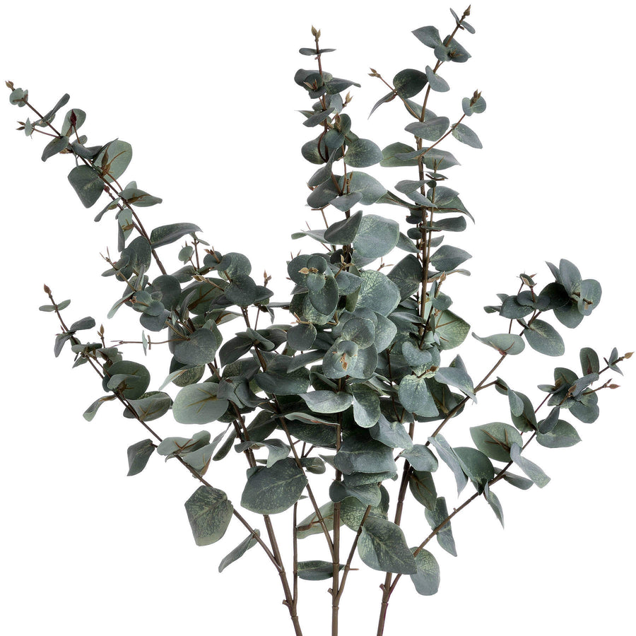 Lifelike variegated eucalyptus stem in sage green, faux botanical decor with realistic plastic leaves by Sostter at brixbailey.com