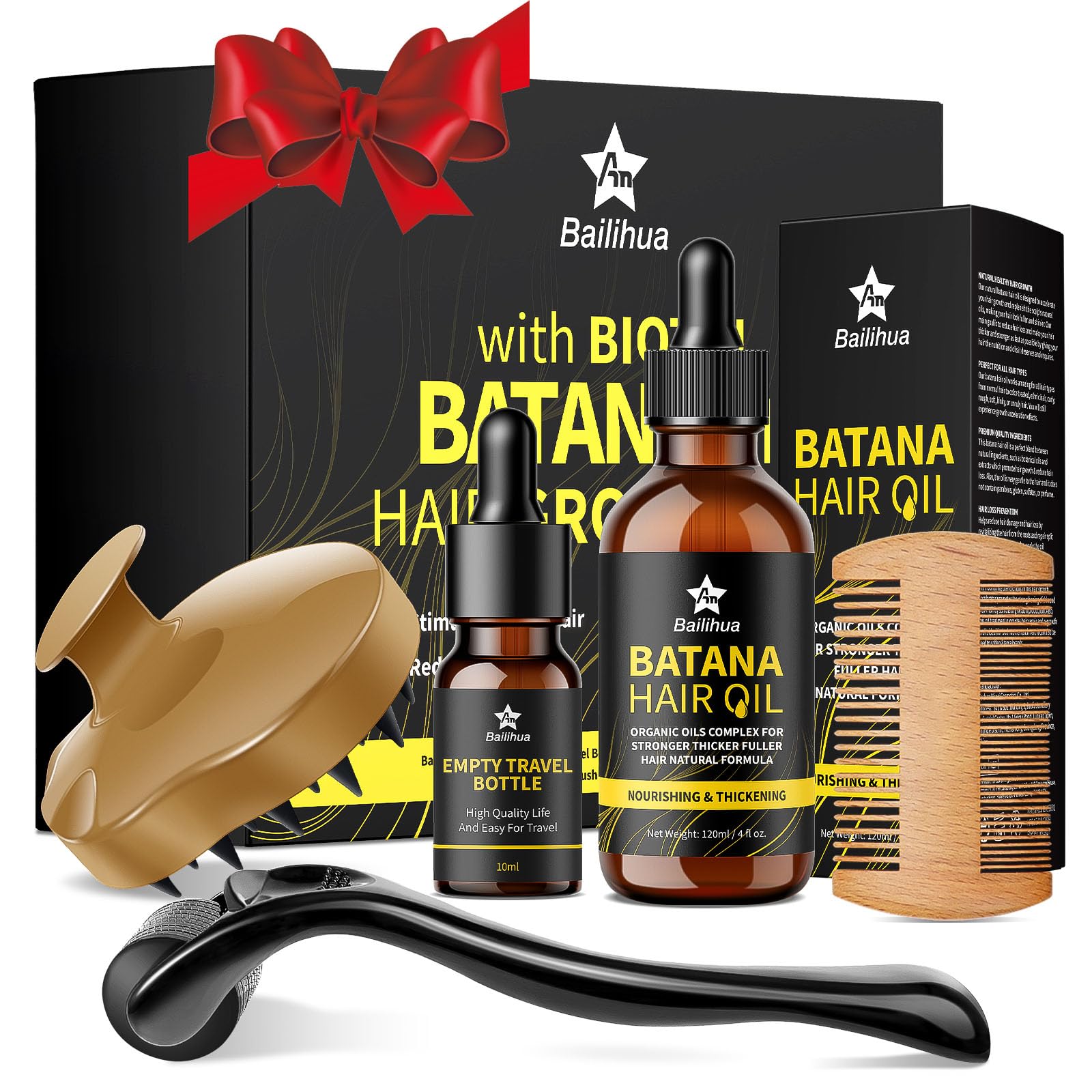 Beard Growth Kit Batana Oil for Hair Growth Kit with Biotin Derma Roller Scalp Massager Comb Empty Travel Bottle Hair Beard Growth Christmas Xmas Gift