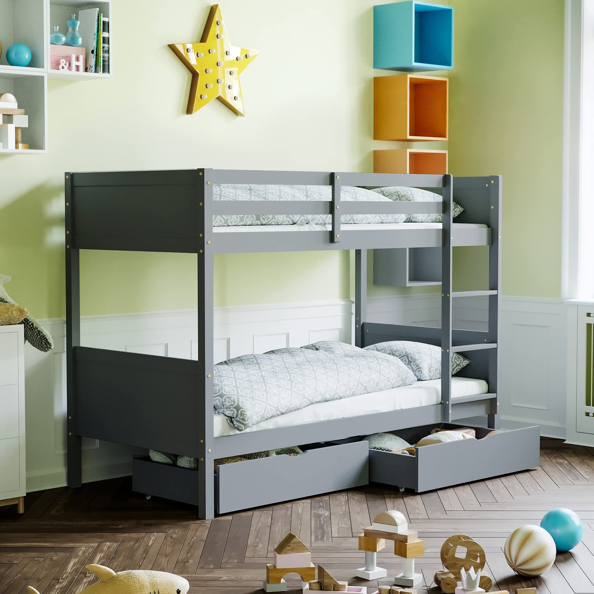 Gemini Bunk Bed for Kids with Under Bed Storage Drawer Grey