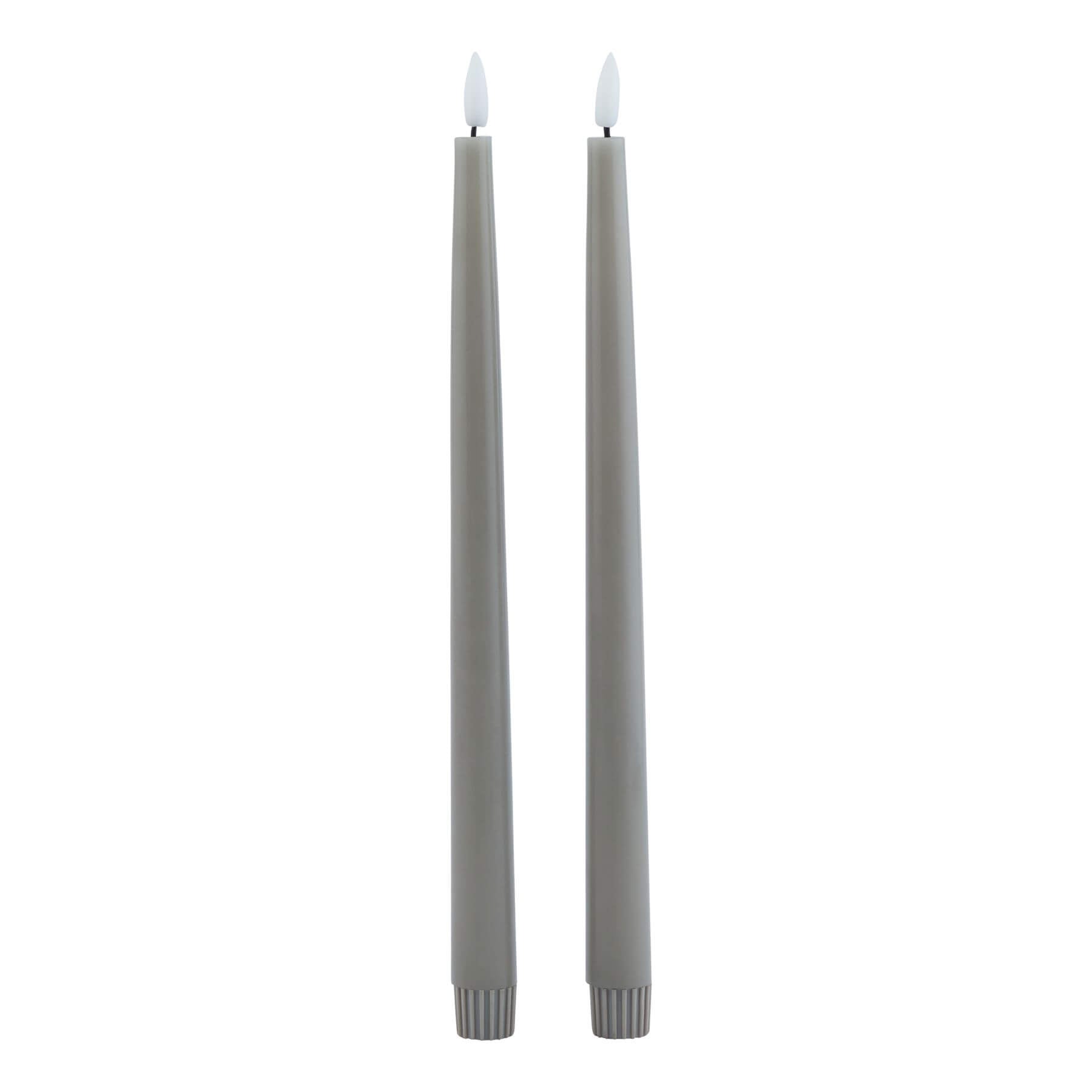 Pair of grey LED wax candles with realistic flicker effect, 25cm tall, for elegant table decor by Sostter at brixbailey.com