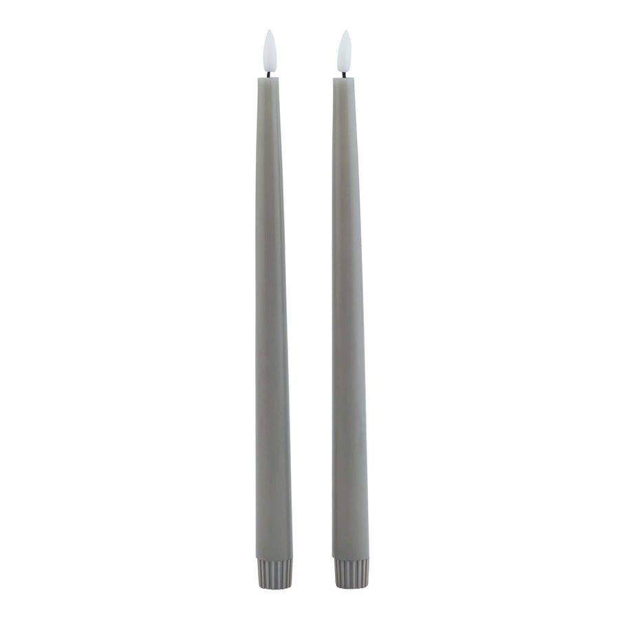Pair of grey LED wax candles with realistic flicker effect, 25cm tall, for elegant table decor by Sostter at brixbailey.com