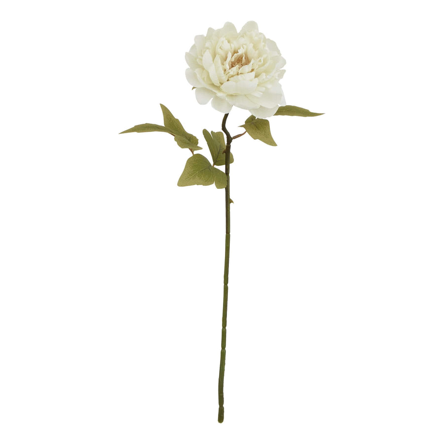 Lifelike white faux peony stem with cream undertones, layered petals, and green leaves for elegant home decor by Sostter at brixbailey.com