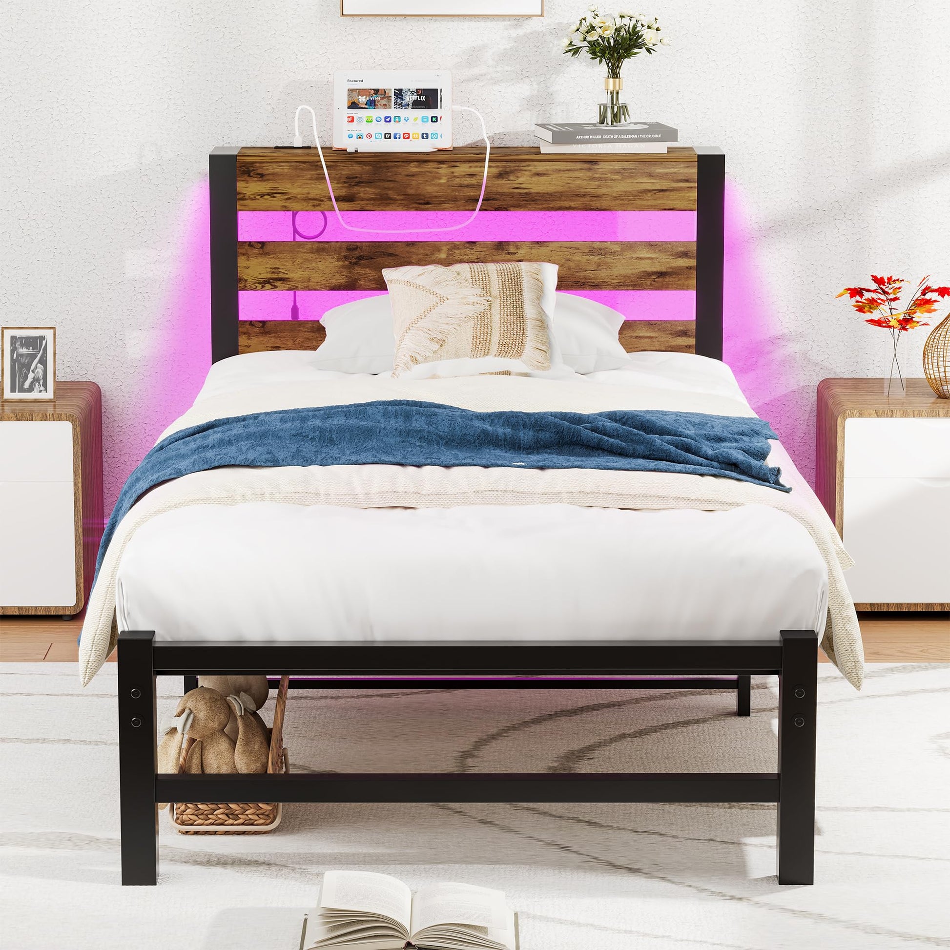 Single Bed Frame with LED Lights, USB Charging and Storage Headboard