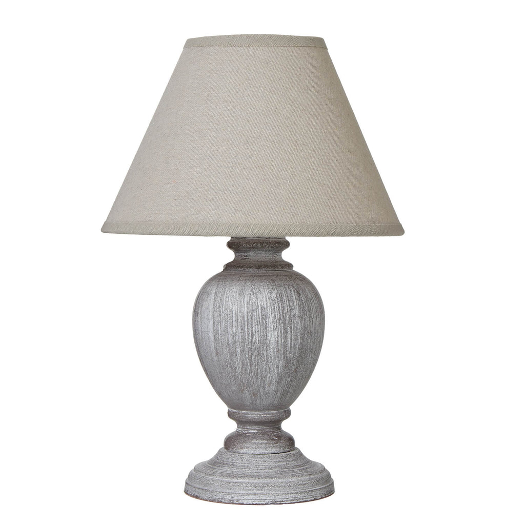 Otem Urn Table Lamp with linen shade, white and pewter-toned wood base, vintage distressed finish, 25cm height  

**  
- **Keywords included:** Otem Urn Table Lamp, linen shade, pewter-toned, wood base, vintage distressed  
- **Clear description:** Visually conveys the lamp's materials, colors, and style  
- **SEO & accessibility optimized:** Concise, descriptive, and keyword-rich for both search engines and screen readers by Sostter at brixbailey.com