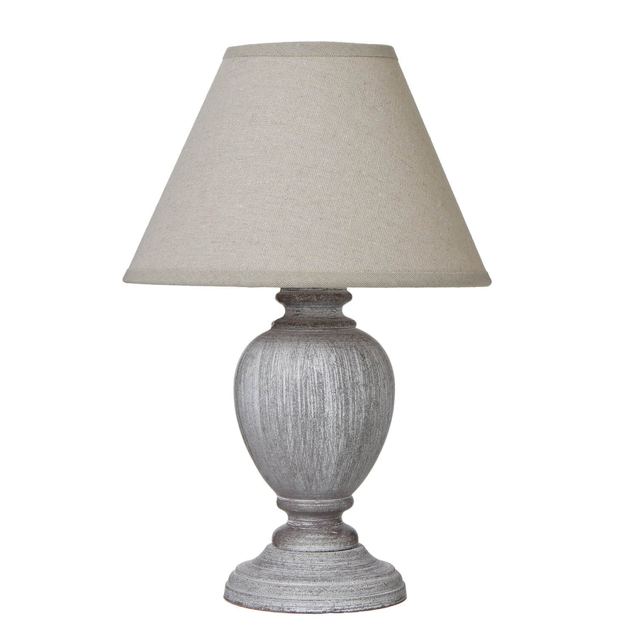 Otem Urn Table Lamp with linen shade, white and pewter-toned wood base, vintage distressed finish, 25cm height  

**  
- **Keywords included:** Otem Urn Table Lamp, linen shade, pewter-toned, wood base, vintage distressed  
- **Clear description:** Visually conveys the lamp's materials, colors, and style  
- **SEO & accessibility optimized:** Concise, descriptive, and keyword-rich for both search engines and screen readers by Sostter at brixbailey.com