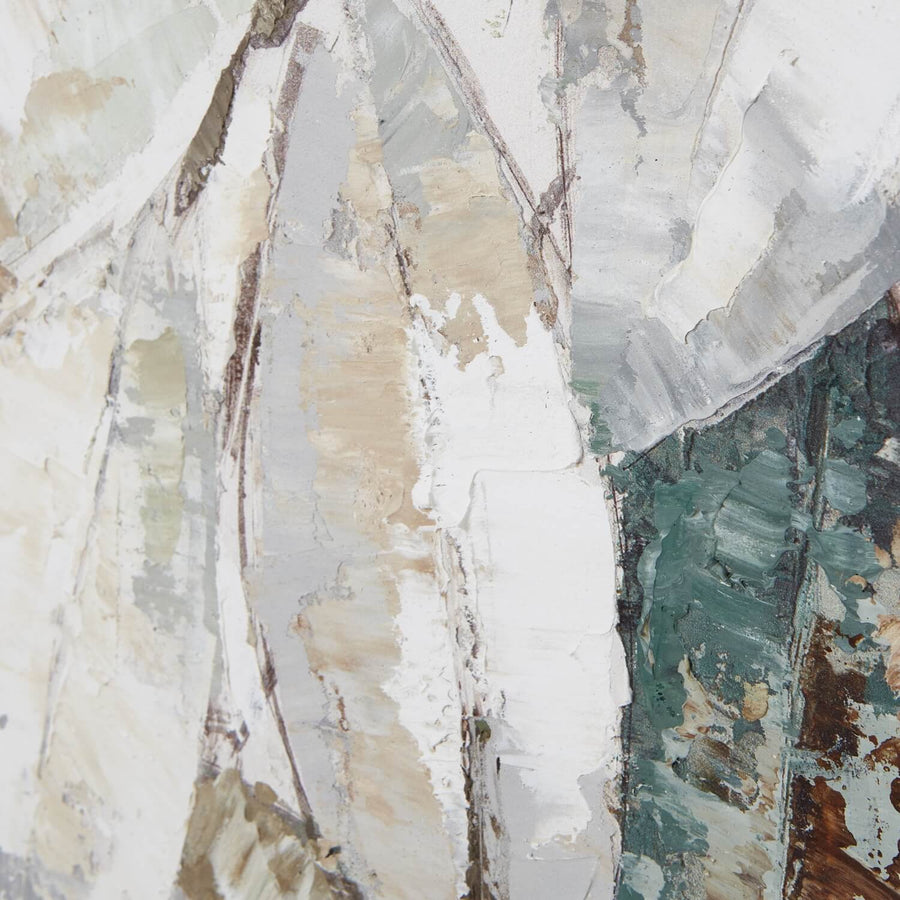 Framed Dolce Mottle leaf painting with silvery leaves on textured canvas in white wood frame, 100x100cm by Sostter at brixbailey.com
