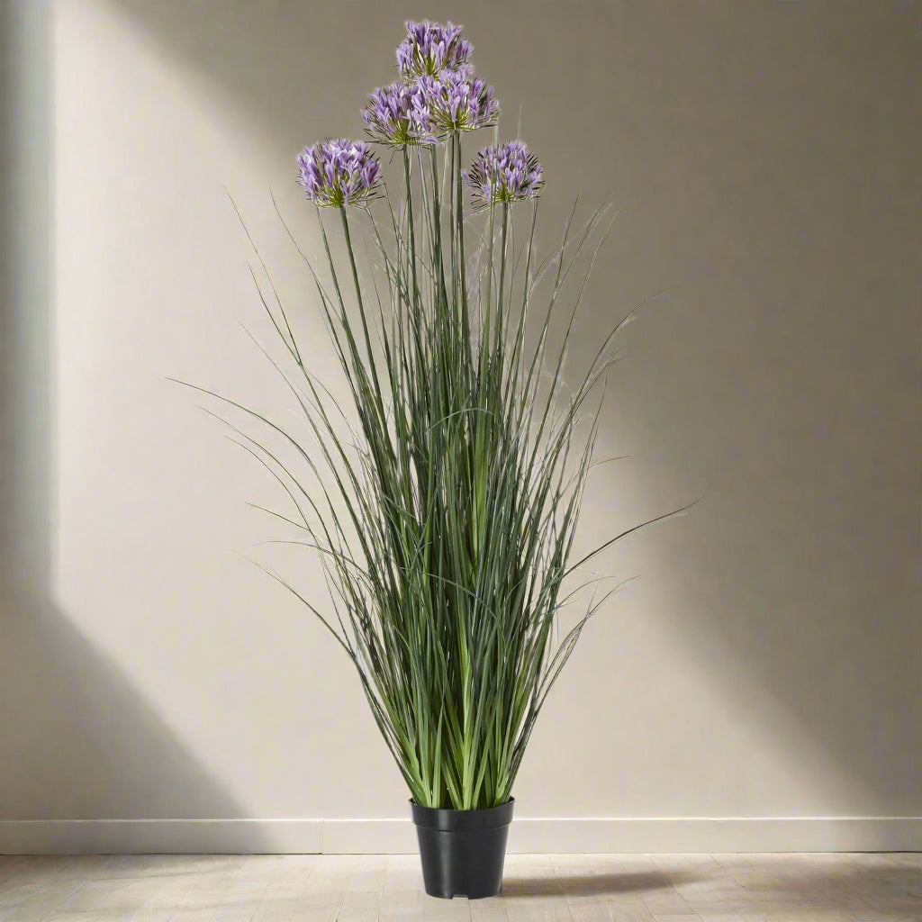 Lifelike purple agapanthus faux plant in pot with green foliage, 120cm tall, perfect for home or office decor.by Sostter at brixbailey.com
