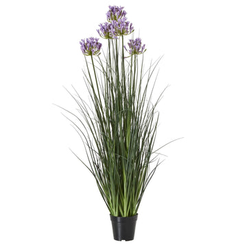 Lifelike purple agapanthus faux plant in pot with green foliage, 120cm tall, perfect for home or office decor.by Sostter at brixbailey.com