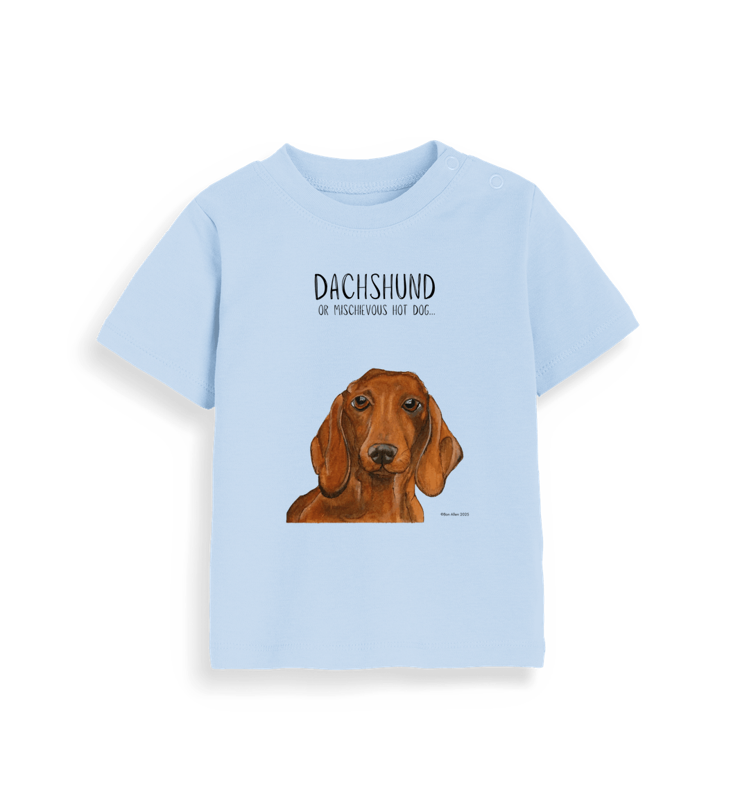 Mischievous Hot Dog Baby Tee – Small But Mighty! Red Dachshund