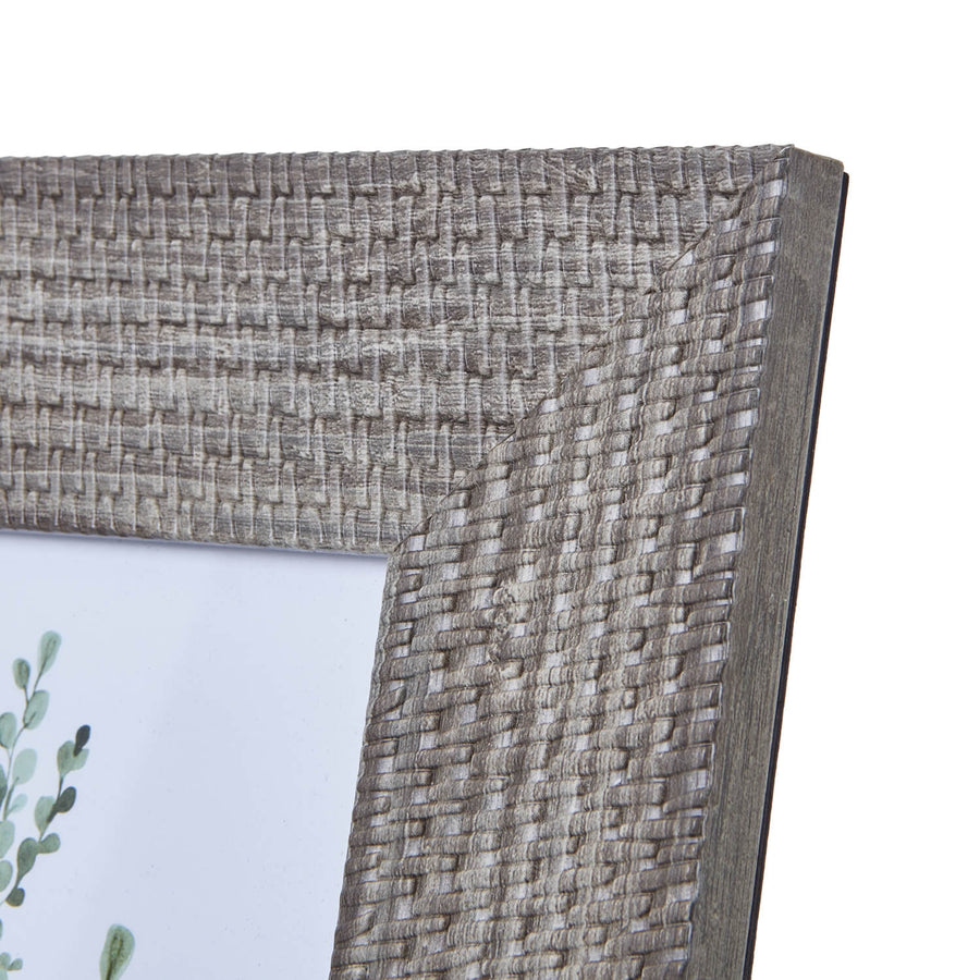 Handcrafted woven photo frame in grey-washed wood, fits 5x7 photos, perfect for gallery walls or standalone decor by Sostter at brixbailey.com