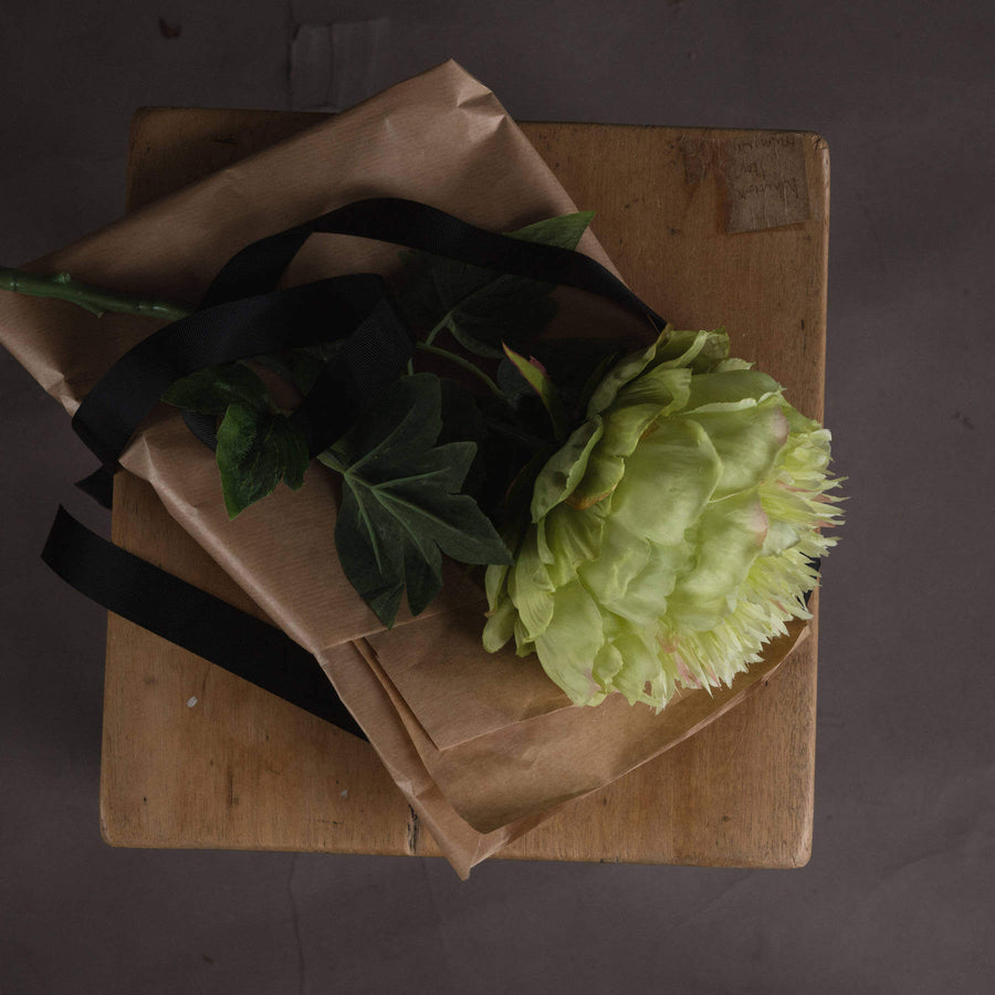 Lifelike green peony artificial stem with soft sage petals, 43 cm tall, perfect for farmhouse or modern decor by Sostter at brixbailey.com