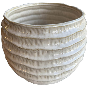 White ceramic ridged pot vase with vertical texture, modern sculptural home decor piece by Sostter at brixbailey.com