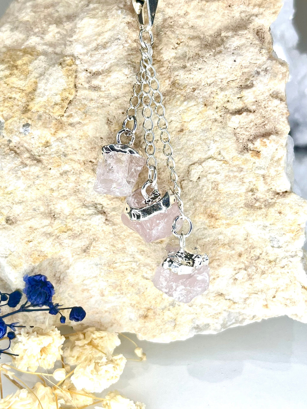 Triple Rose Quartz Pendant Necklace with Silver Plated Chain