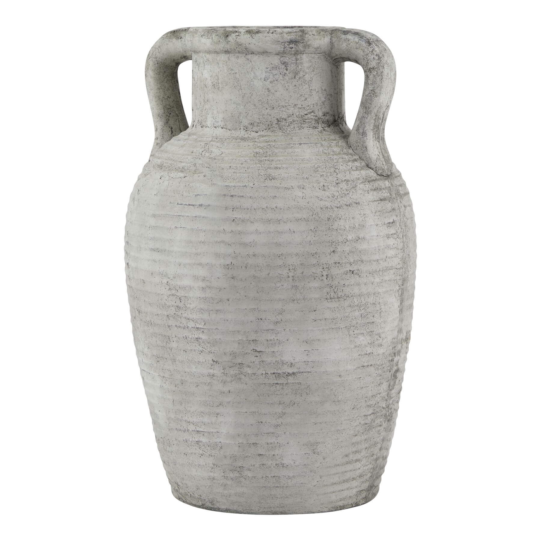 Handcrafted white ceramic Athena amphora pot with gray patina, twin handles, and weathered stone texture for indoor or outdoor decor. by Sostter at brixbailey.com