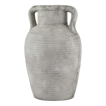 Handcrafted white ceramic Athena amphora pot with gray patina, twin handles, and weathered stone texture for indoor or outdoor decor. by Sostter at brixbailey.com