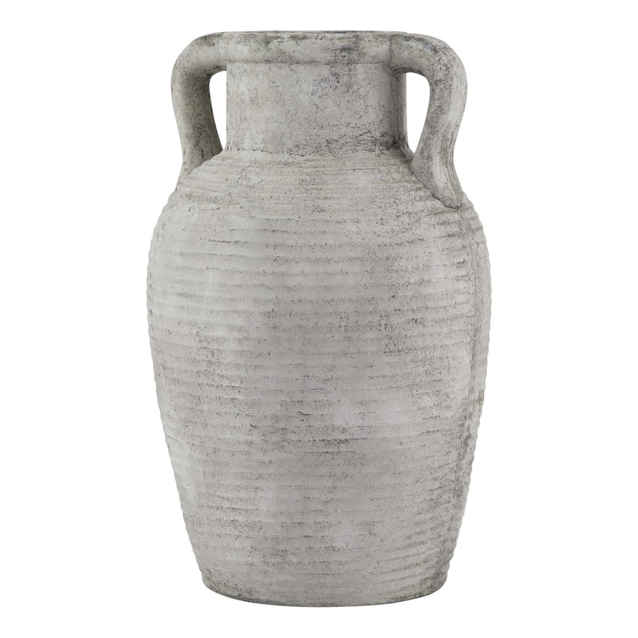 Handcrafted white ceramic Athena amphora pot with gray patina, twin handles, and weathered stone texture for indoor or outdoor decor. by Sostter at brixbailey.com