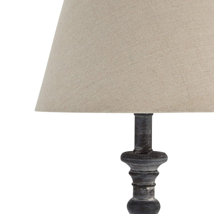 Handcrafted grey-washed wood table lamp with linen shade, warm brown tones, 50cm height, for bedside or living room by Sostter at brixbailey.com