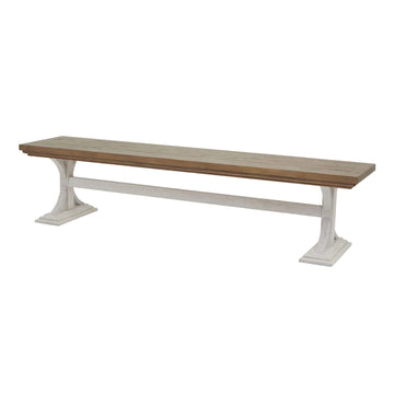 Rustic modern farmhouse dining bench with pine top and white legs, handcrafted solid wood construction by Sostter at brixbailey.com
