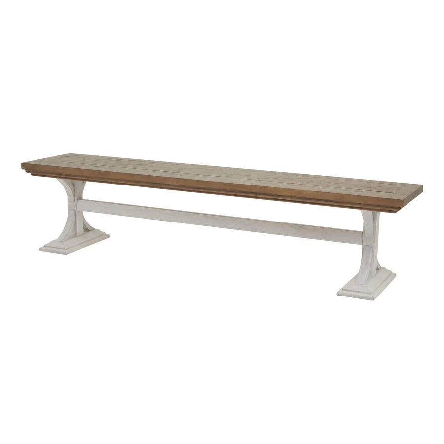 Rustic modern farmhouse dining bench with pine top and white legs, handcrafted solid wood construction by Sostter at brixbailey.com