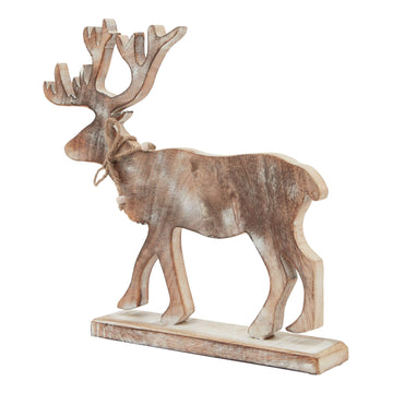 Handcrafted white-washed wooden stag decoration with Nordic design and distressed details, 35cm tall by Sostter at brixbailey.com