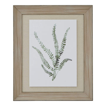 Hand-painted fern watercolor print in soft hues, displayed in rustic brown wood frame, botanical wall art for home decor by Sostter at brixbailey.com