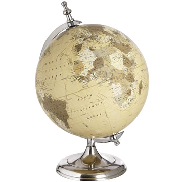 Chrome desktop globe with vintage map on cream background, polished silver stand, 20cm diameter  by Sostter at brixbailey.com