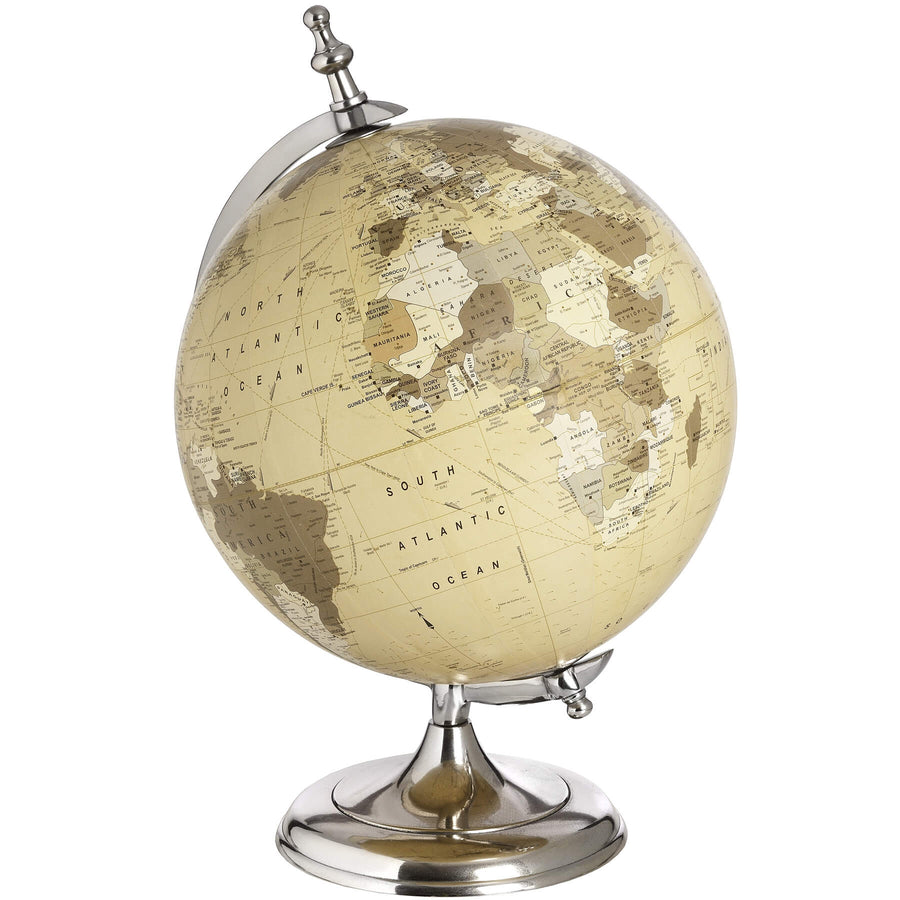 Chrome desktop globe with vintage map on cream background, polished silver stand, 20cm diameter  by Sostter at brixbailey.com