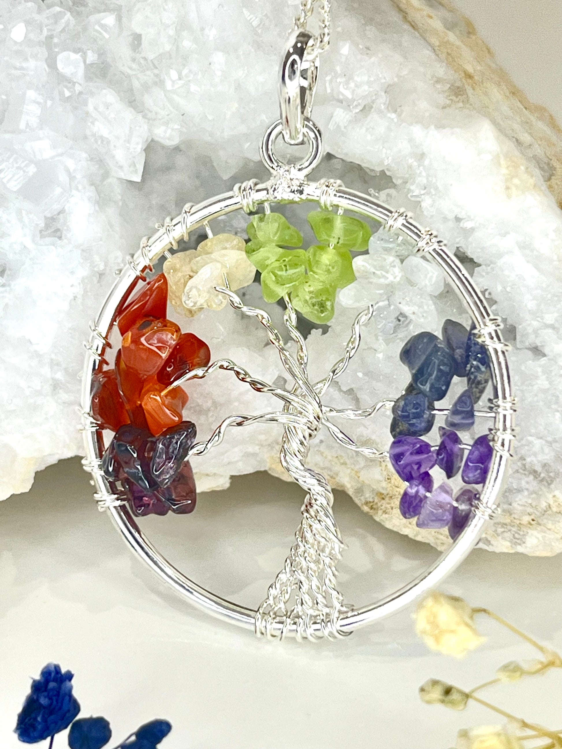Silver Plated Tree of Life Chakra Necklace with Natural Crystals