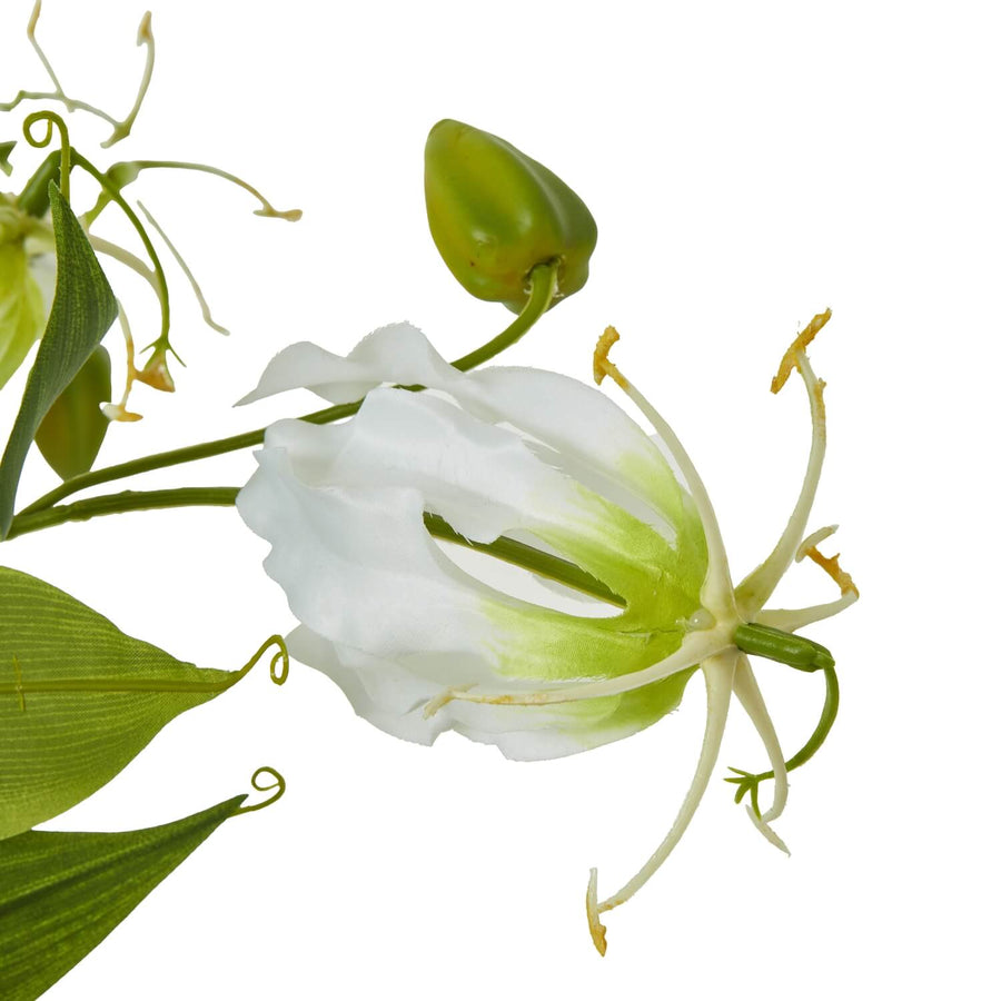Lifelike white and green Gloriosa Lily floral spray, faux tropical bloom with curling petals, 84cm tall by Sostter at brixbailey.com