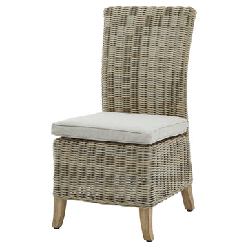Capri Collection outdoor dining chair in beige with HDPE wicker, aluminum frame, and acacia wood feet, includes Olefin cushion by Sostter at brixbailey.com