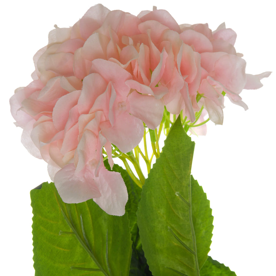 Lifelike faux pink hydrangea blossom with green leaves, perfect for farmhouse or modern home decor. by Sostter at brixbailey.com