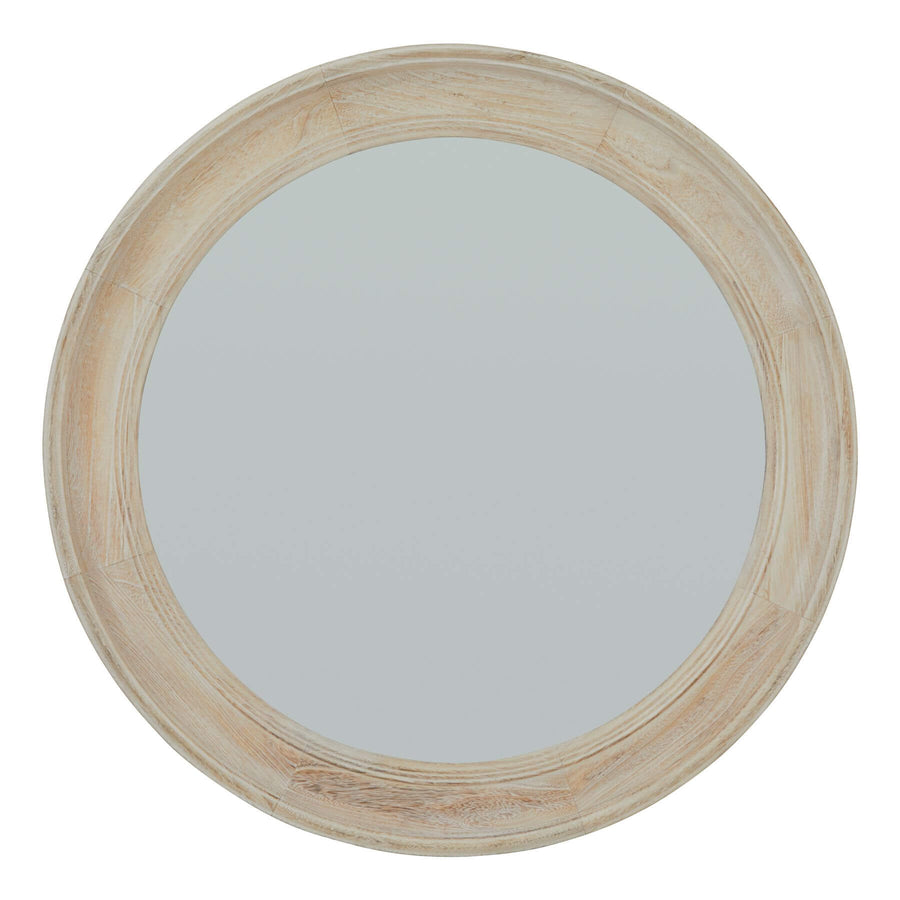 Washed wood round mirror with distressed antique white frame, 90cm diameter, rustic home decor statement piece by Sostter at brixbailey.com