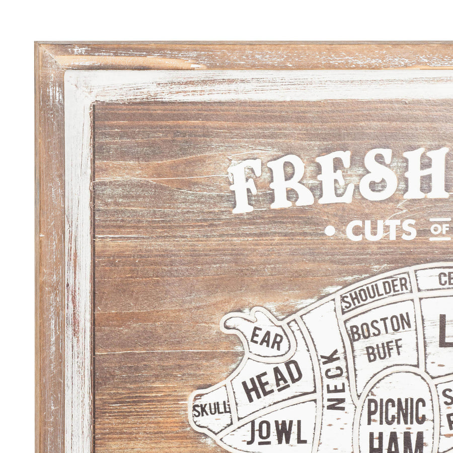 Vintage butcher's guide wall plaque with beef cut diagram, distressed silver frame, and white farmhouse decor for kitchen. by Sostter at brixbailey.com
