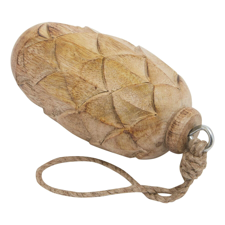 Hand-carved wooden pine cone Christmas ornament with layered scales in rich brown, 10cm tall, natural wood grain by Sostter at brixbailey.com