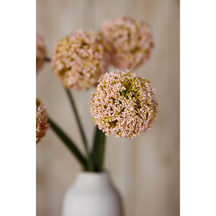 Handcrafted pink allium stem, ultra-realistic floral decor with soft feathery texture for modern home styling by Sostter at brixbailey.com