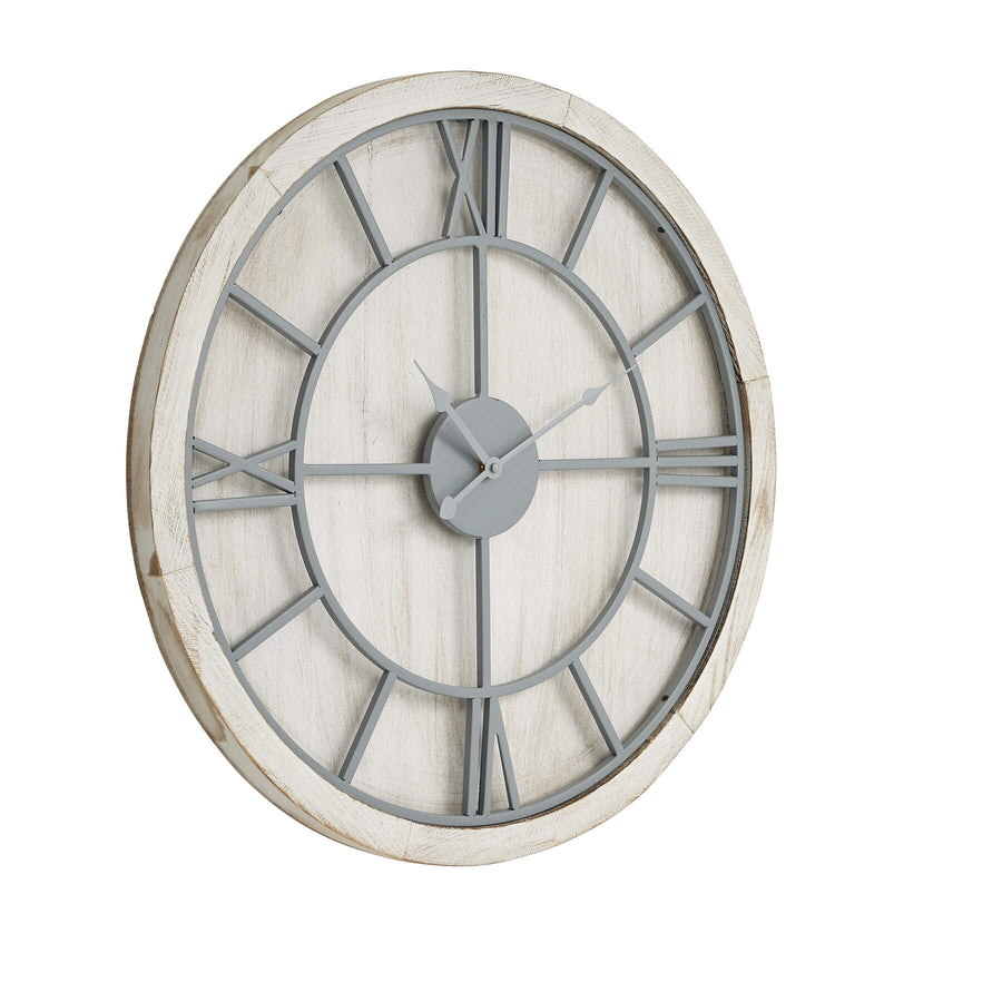 Whitewashed wood wall clock with grey metal roman numerals, 60cm diameter, classic neutral decor by Sostter at brixbailey.com