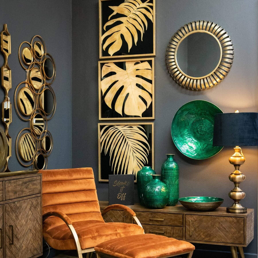 Square gold decorative hanging mirror with thin geometric frame, modern wall accent for contemporary interiors by Sostter at brixbailey.com