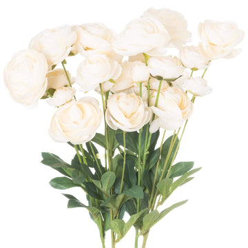 Creamy white faux ranunculus flower with green leaves, hyper-realistic artificial floral decor for home or office. by Sostter at brixbailey.com