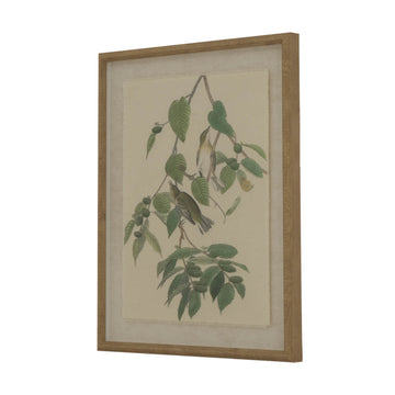 Handcrafted warbler artwork on linen with beaded frame, earthy browns and neutrals, 50x40cm, British wildlife collection by Sostter at brixbailey.com