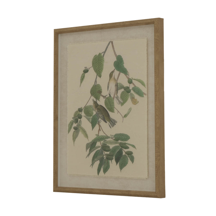 Handcrafted warbler artwork on linen with beaded frame, earthy browns and neutrals, 50x40cm, British wildlife collection by Sostter at brixbailey.com