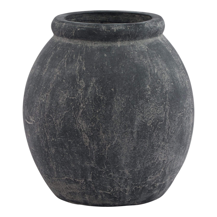 Grey ceramic planter with Mediterranean-inspired amphora shape, hand-finished matte texture, and organic tonal variations. by Sostter at brixbailey.com